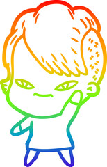 rainbow gradient line drawing of a cute cartoon girl with hipster haircut