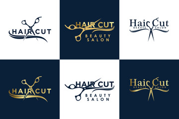 collection of hair cut logo design vector with creative concept for women beauty salon - obrazy, fototapety, plakaty