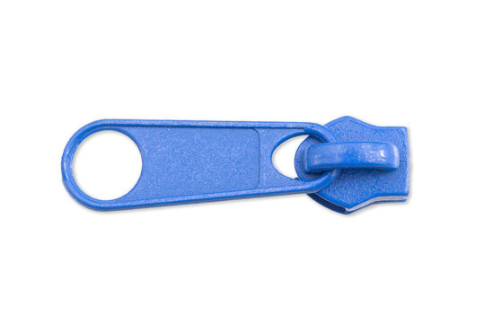 Metal zipper slide isolated on white. Cutout object. Clothing element. Blue paint color slider.