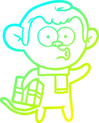 cold gradient line drawing of a cartoon christmas monkey