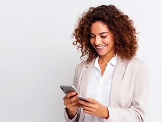 Woman holding phone in hands portrait on isolated background - ai generative