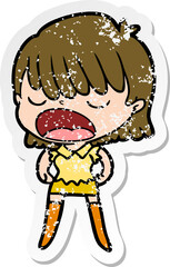 distressed sticker of a cartoon woman talking loudly