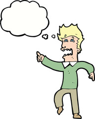 cartoon frightened man pointing with thought bubble
