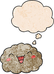 happy cartoon cloud with thought bubble in grunge texture style