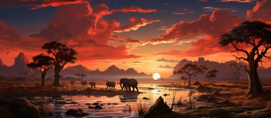 Sunset over savanna with herd of wild animals walking - obrazy, fototapety, plakaty