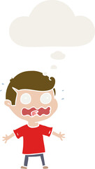 cartoon man totally stressed out with thought bubble in retro style