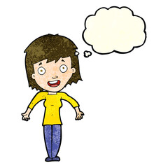 cartoon woman shrugging shoulders with thought bubble