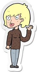 sticker of a cartoon waving woman