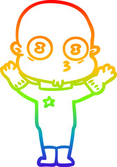 rainbow gradient line drawing of a cartoon weird bald spaceman