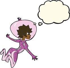 cartoon space woman with thought bubble
