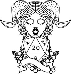 Black and White Tattoo linework Style tiefling with natural twenty dice roll