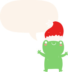 cute christmas frog with speech bubble in retro style