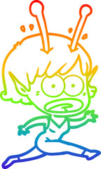 rainbow gradient line drawing of a cartoon shocked alien girl