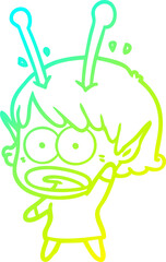 cold gradient line drawing of a cartoon shocked alien girl