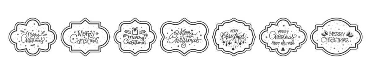 Black line labels Merry Christmas and Happy New Year. Congratulation stickers. Ornate elegant badge templates. Vintage frame retro filigree tags with greeting text. Linear border stamp stencil