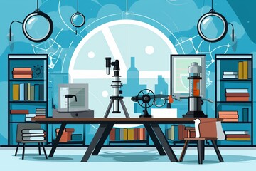 Science communicator in a laboratory setting, Scientific elements or educational graphics, Include science icons and a subtle camera element, professional