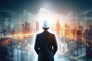 The double exposure image of the engineer standing back during sunrise overlay with cityscape image. The concept of engineering, construction, City life and future.
