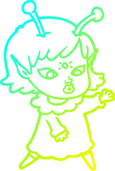 cold gradient line drawing of a pretty cartoon alien girl