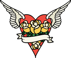 tattoo in traditional style of a flying heart with flowers and banner