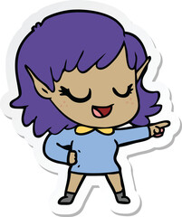sticker of a happy cartoon elf girl pointing