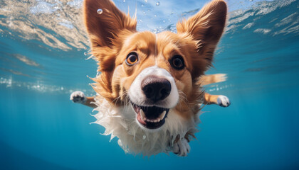 Corgi dog, minimalism, soft summer light, fish-eye lens, copy space Generative AI.