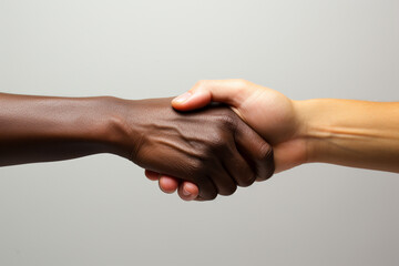 two beautiful hands with different color of skin type handshake on white background - obrazy, fototapety, plakaty