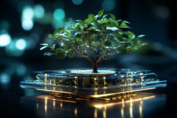 Tree growing on the converging point of glowing computer