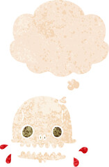 cartoon spooky skull with thought bubble in grunge distressed retro textured style