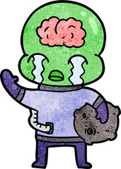 cartoon big brain alien crying and waving goodbye