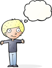 cartoon happy boy with open arms with thought bubble