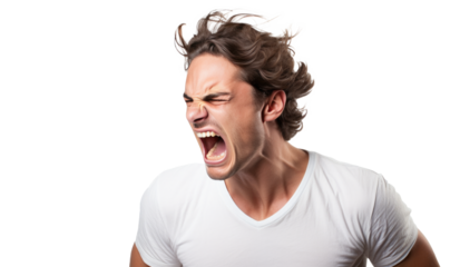 Portrait of man screaming with energy isolated without background. AI generative.