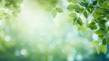 Serene Spring Background with Lush Green Tree Leaves on Blurred Nature Landscape - Fresh Foliage and Sunshine Creating a Vibrant Seasonal Environment.