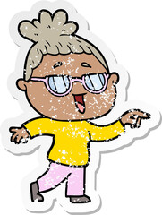 distressed sticker of a cartoon happy woman wearing spectacles