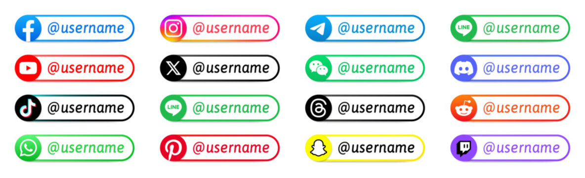 Follow us banners with usernames. Popular social networks and messengers. Instagram, Facebook, WhatsApp, TikTok, Telegram, YouTube, Threads, Discord, Twitch icons