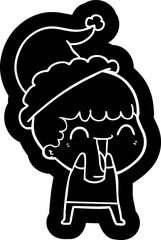 quirky cartoon icon of a happy man wearing santa hat