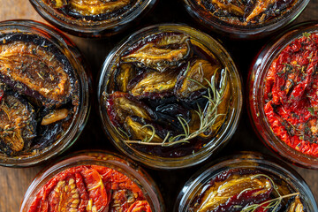 Sun-dried red tomatoes and plums with garlic, green rosemary, red chili pepper, olive oil and spices in a glass jars on a wooden table. Rustic style, top view, closeup - obrazy, fototapety, plakaty