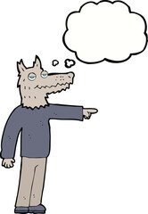 cartoon wolf man pointing with thought bubble
