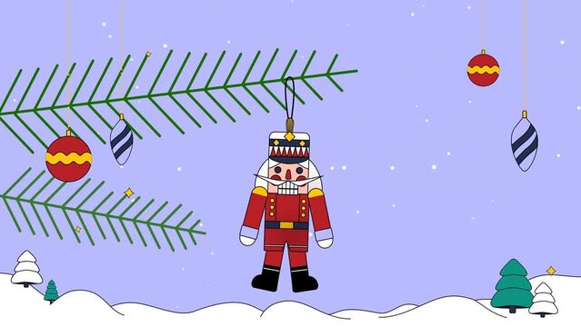 2D animated cartoon Nutcracker hanging from tree branch surround by hanging ornaments. It is talking.