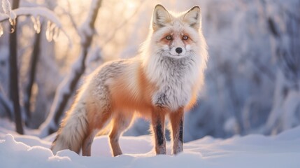 Fototapeta premium a fox standing in the snow in front of trees