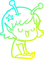 cold gradient line drawing of a happy alien girl cartoon laughing