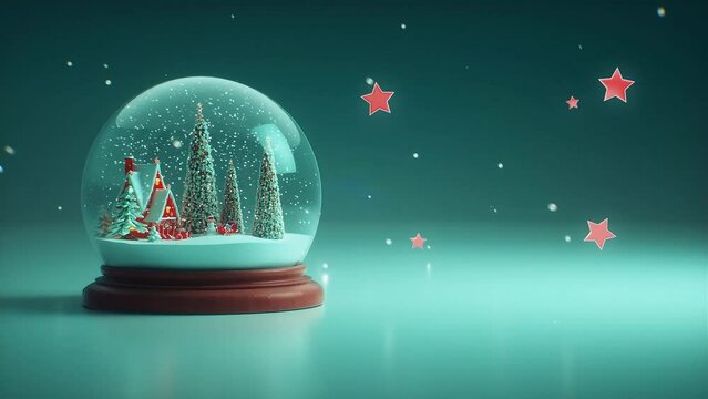 3D rendered intro scene of snow globe, growing Christmas trees and illuminated house inside it, appearing stars around it.