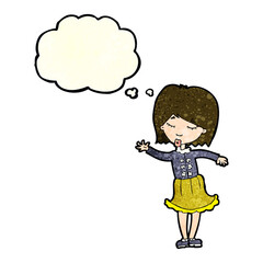 cartoon waving woman with thought bubble