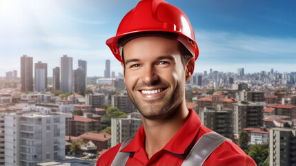Engineer in worker helmet on construction cityscape background