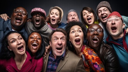 ndividuals faces as they react to winning the lottery. Capture multiple winners from a diverse range of age, gender and ethnicity backgrounds, shock, expression, happy - obrazy, fototapety, plakaty