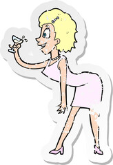 retro distressed sticker of a cartoon woman with drink