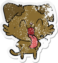 distressed sticker of a cartoon panting dog