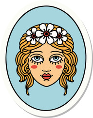 sticker of tattoo in traditional style of a maiden with flowers in her hair