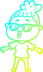 cold gradient line drawing of a cartoon happy woman wearing spectacles