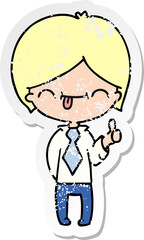 freehand drawn distressed sticker cartoon of boy with thumb up