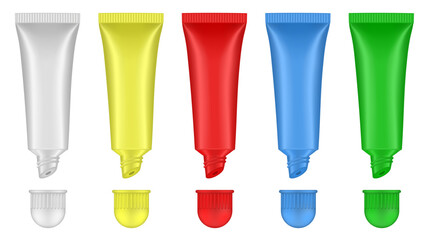 Set of lip gloss tubed. Lip, eye cream, serum. Cosmetic product container mockup. White, yellow, red, blue and green bottles	